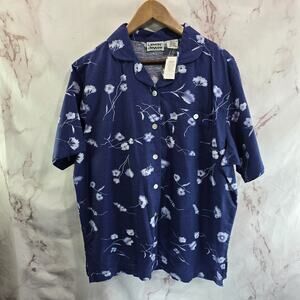 Vintage Linen Shirt Womens 2X Blue Floral Button Up Camp Short Sleeve